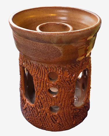 Signed JH 1989 studio pottery aroma burner in orange-brown glaze