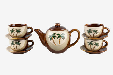 1990s coconut palm ceramic tea set with teapot, four cups and four saucers