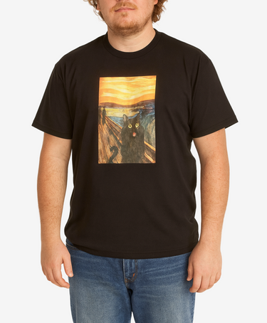 Person wearing a black t-shirt with a graphic design of a cat on a bridge.