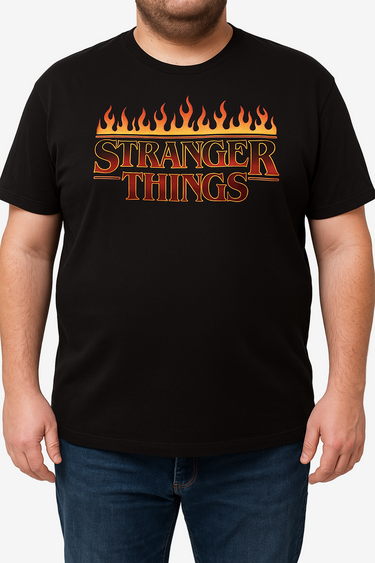 Black t-shirt with 'Stranger Things' logo featuring flames on a plain background