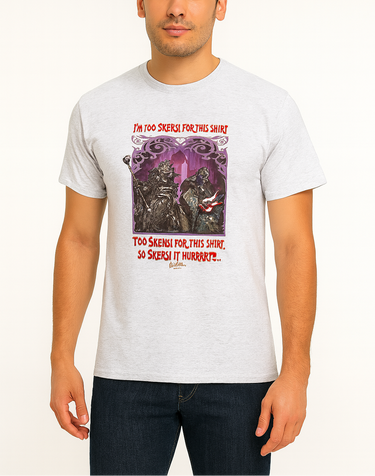 Man wearing a white t-shirt with graphic design and text on a plain background