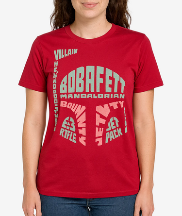 Person wearing a red t-shirt with graphic design on a white background