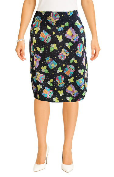 Skirt with colorful owl pattern on a black background