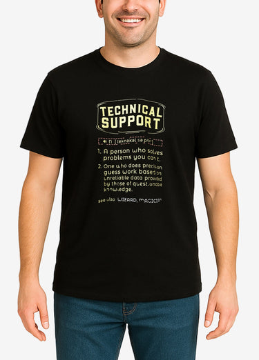 Person wearing a black t-shirt with 'Technical Support' definition text.