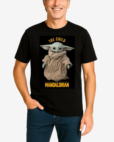 Person wearing a black t-shirt with 'The Child' graphic from 'The Mandalorian'.