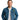 Man wearing a blue denim jacket with a logo on a beige background