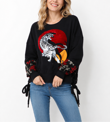 Desigual Tiger Side-Ties Sweatshirt in XL, featuring a bold tiger design and side-tie detail, available from Planet Retro NZ.