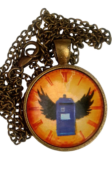 Necklace with a pendant featuring a blue box and wings on an orange background