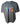 Gray t-shirt with colorful text on a hanger against a white wall.