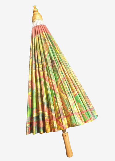 Colorful umbrella with wooden handle on a white background