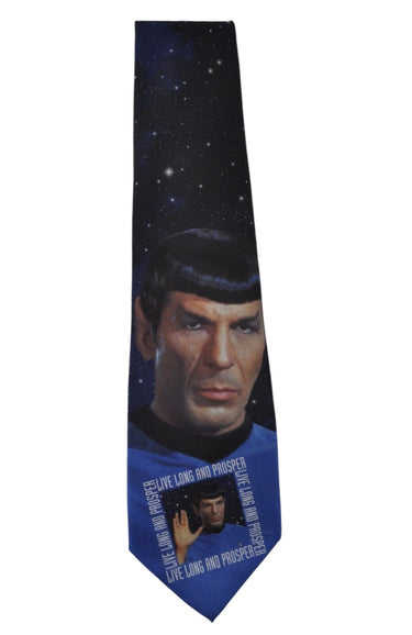 Tie with a Star Trek design featuring a character's face and text on a white background