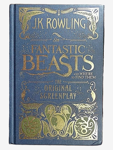 A hardcover book titled "Fantastic Beasts and Where to Find Them: The Original Screenplay" by J.K.