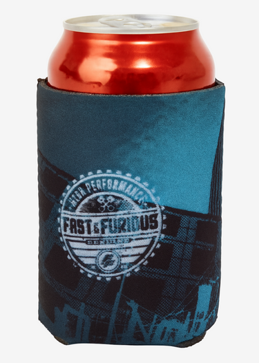 Can cooler with 'Fast & Furious' branding holding a red can on a white background
