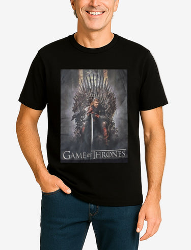 Person wearing a black t-shirt with 'Game of Thrones' graphic design.