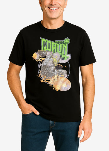 Person wearing a black t-shirt with a graphic design on a plain background