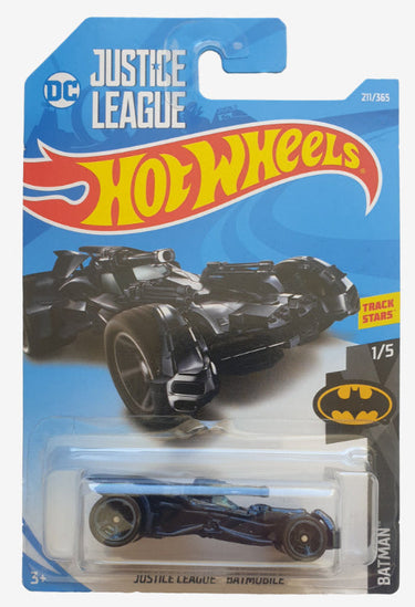 Hot Wheels Batman toy car in packaging with Justice League branding