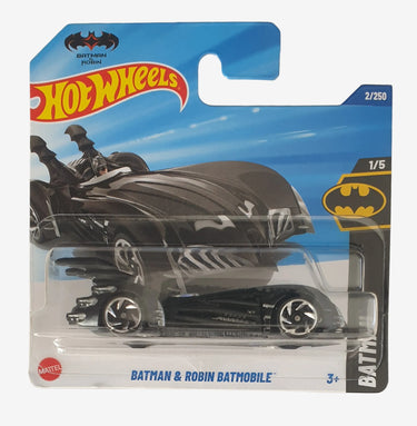 Hot Wheels Batman & Robin Batmobile toy car in packaging on a beige background
