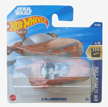 Hot Wheels X-34 Landspeeder toy car in packaging with Star Wars branding.