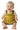 Baby wearing a yellow knitted dress with gray accents on a white background