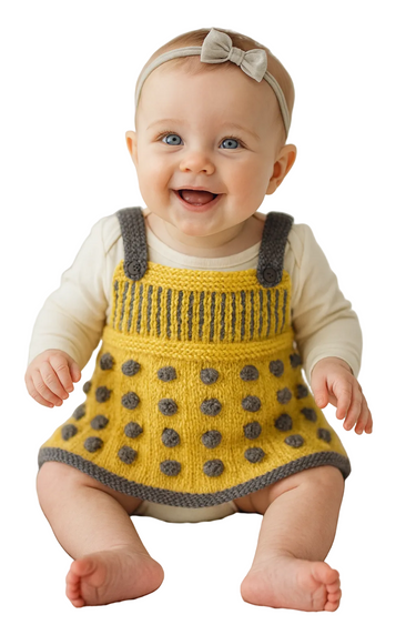 Baby wearing a yellow knitted dress with gray accents on a white background