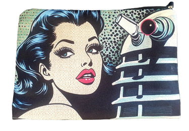 Pop art-style pouch with a woman's face and hair dryer design.