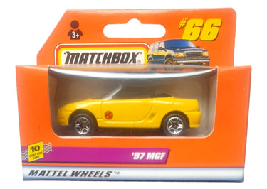 Matchbox toy car packaging with a yellow car inside, featuring the Matchbox logo and branding.