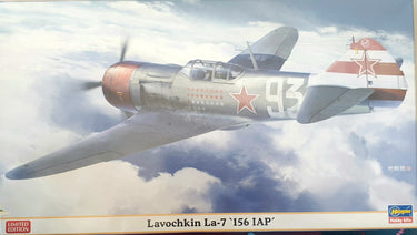 Lavochkin La-7 156 IAP airplane model kit featuring the aircraft in flight with the Russian air force insignia, and the kit contents including the name and scale mentioned.