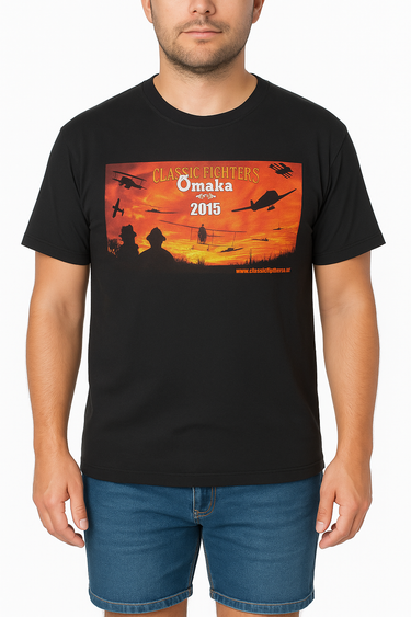 Black t-shirt with a graphic design featuring silhouettes and text, worn by a person.