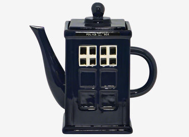 Teapot designed like the TARDIS from Doctor Who against a space-themed background. New & Vintage Home Decor Planet Retro NZ