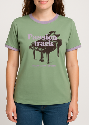 Person wearing a green t-shirt with a piano graphic and text on a plain background