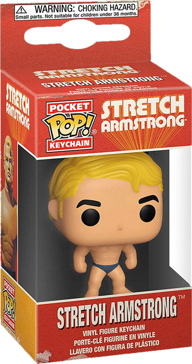 Stretch Armstrong Funko Pocket Pop Keychain packaged in a window display box with the Funko Pop logo and the Stretch Armstrong character illustration.