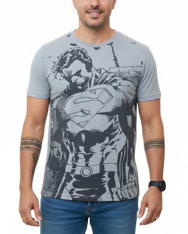 A gray t-shirt with a printed design of the superhero Superman, showing him in a ripped and muscular pose.