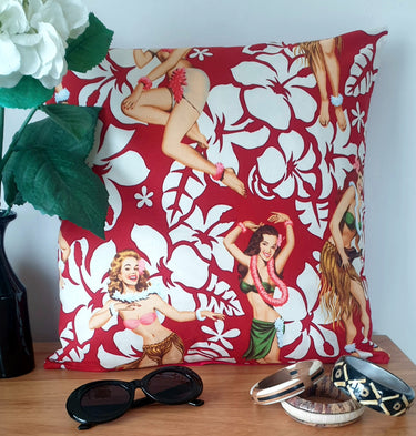 Tropical Pin Up Tiki Girls (Red) - Handmade Cushion Cover Planet Retro New Vintage Decor