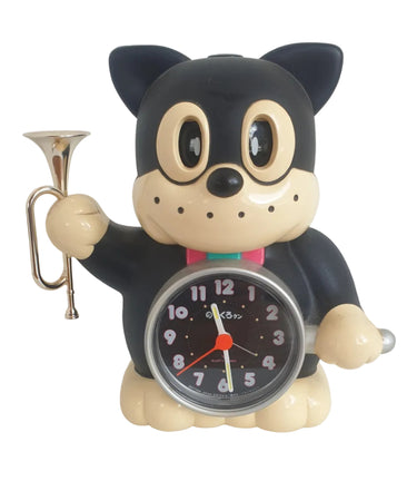 Animated character alarm clock holding a trumpet on a white background