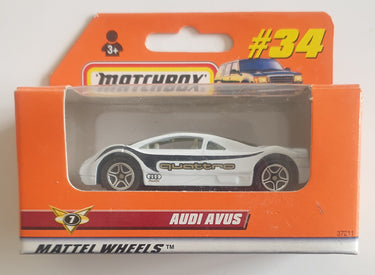 Matchbox Audi Avus toy car in packaging on a white background