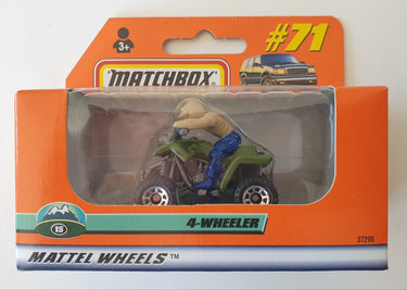 Matchbox 4-wheeler toy in packaging with orange lid