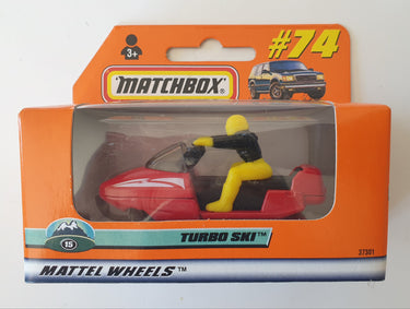 Matchbox Turbo Ski toy package with a red ski and yellow figure on a white background