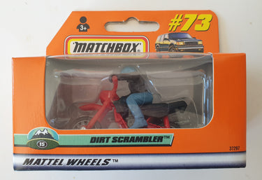 Matchbox Dirt Scrambler toy packaging with orange background and clear window