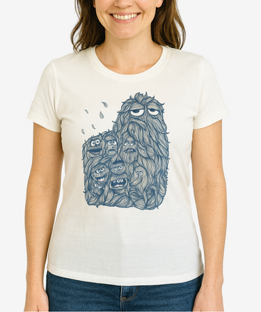 Woman wearing a white t-shirt with a blue Sesame Street graphic design on a plain background