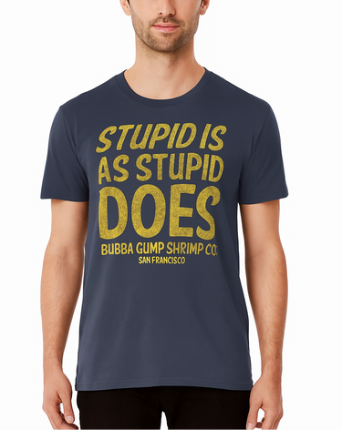 Man wearing a navy blue t-shirt with yellow text on a white background