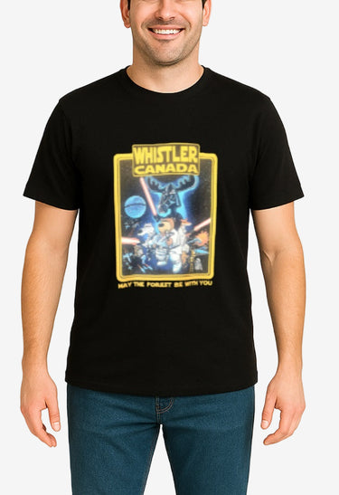 Person wearing a black t-shirt with a graphic design and text