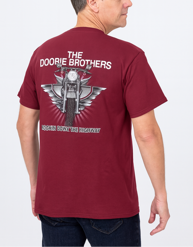 Man wearing a maroon t-shirt with 'The Doorie Brothers' graphic on the back against a white background