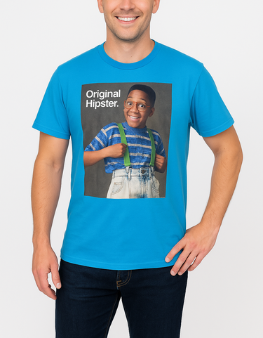 Man wearing a blue t-shirt with a graphic of a man labeled 'Original Hipster' on a white background