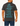 Man wearing a dark gray t-shirt with blue text on the back, standing against a white background