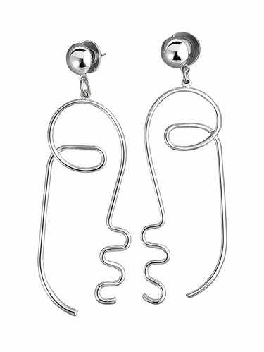 A pair of silver wire dangle earrings shaped like minimalist abstract faces, featuring circular posts and dangling looped wire designs on a plain white background.