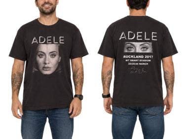 Black Adele Auckland 2017 tour T-shirt in unisex XL with front portrait graphic and Auckland Mt Smart Stadium dates on the back.