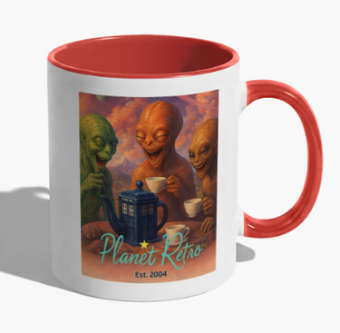 Side view of Alien Tea Party Planet Retro coffee mug with red handle and interior