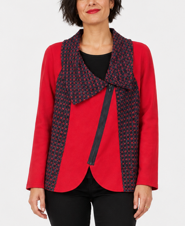 Angel A NZ made red and charcoal statement jacket with asymmetrical collar and diagonal zip