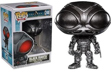 A Funko Pop Vinyl figure of Black Manta from the DC Comics movie Aquaman, with a predominantly black suit and helmet, standing in a display window.