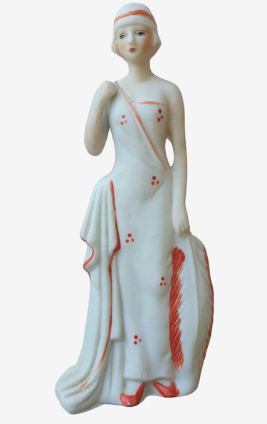 Art Deco style bisque lady figurine with hand painted details, mid-20th century decorative ceramic from Planet Retro NZ.